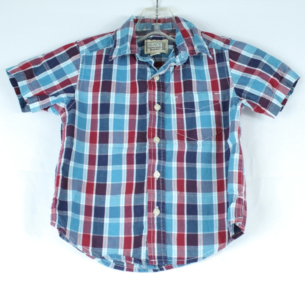 Children’s Place Blue & Red Flannel Short Sleeve Button Up Shirt Boys Size 24mo
